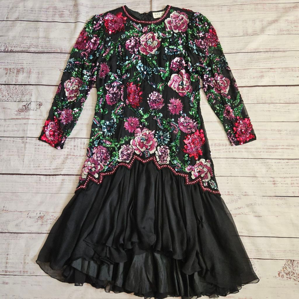 Vintage Black Tie Black Sequin Floral Gatsby Statement Dress Womens 10